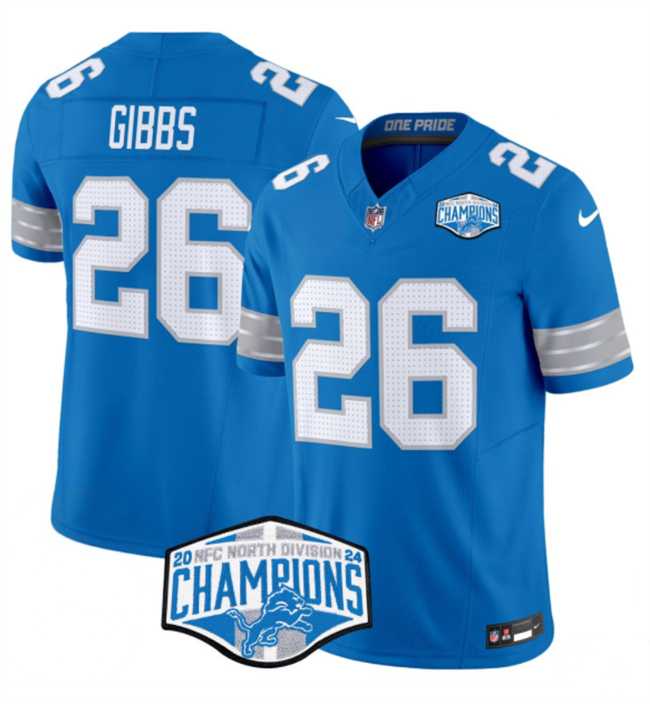 Mens Detroit Lions #26 Jahmyr Gibbs Blue 2024 NFC North Champions F.U.S.E. Vapor Limited Stitched Jersey